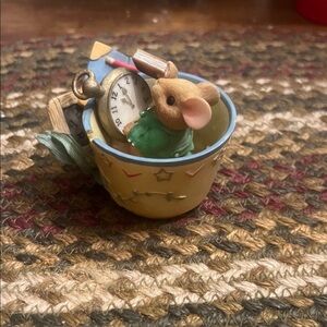 Cute Mouse in Yellow Teacup Figurine with Clock